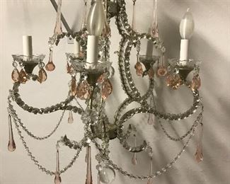 Antique Crystal Chandelier with Pink Lusters - 24"H x 21"W | $150