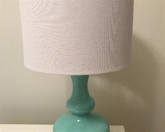 Turquoise glass lamp with fabric shade. 20.5” high | $45