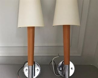 Handsome pair Global Light wood and chrome sconces with fabric shades. 22” H x 6.5” W x 4” D | $175 / pair