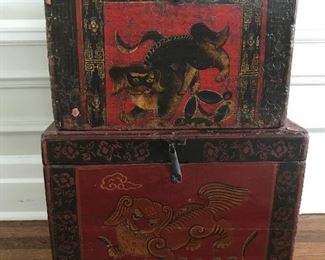 Pair of Asian motif decorated lacquer boxes - Small 18” wide X 13.5” high X 11” deep. Larger 21” wide X 14.5” high X 13.5” deep | $275 / pair