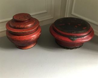 Lacquered lidded vessels 13” W x 7” H (left), 10” H x 9” W (right). Note condition in photos | $125 / pair