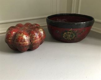 Pumpkin form box (9” W x 5” H) and papier mache bowl (13” dia x 6” H) with gold decorations. Box very as is. | $45 / pair