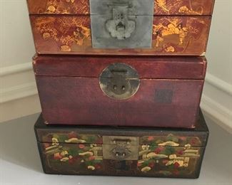 Group of 3 Asian boxes. 11" W x 5.5” H x 6.5" deep, 10.5” W x 4” H x 6” D, 13” W x 7” H x 5” D. Condition as shown | $125 / lot