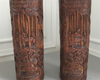 Pair of heavily carved bamboo cylinders - 12” H x 4” dia. - $275 / pair