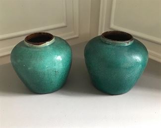 Turquoise glazed vessels with brown interiors, 1 gloss, 1 matte. 7.5” high X 8.5 wide | $175 / pair