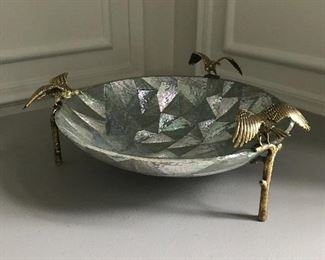 Abalone bowl with brass bird accents - 13” W x 5” H | $45