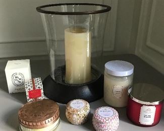 Pottery Barn pillar candle hurricane and lot of fabulous scented candles (all unused except pillar candle) | $125 / lot