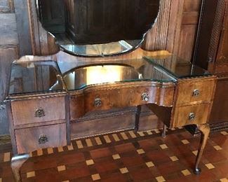 Antique dressing table. 45” wide X 19” deep X 29” table height, 56.5” high including mirror. Poor condition with losses to veneer $65.