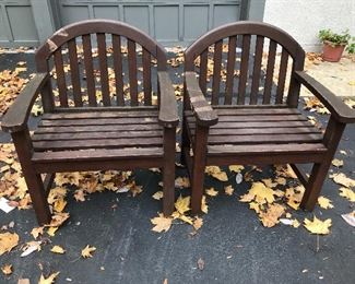 Pair of Smith and Hawken teak chairs. Need a power wash. 36” high X 28” wide X 23” deep. $150 pair.
