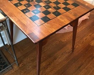 Wooden chess/checkers table. 26” high X 24” square. Some condition issues to top. $25