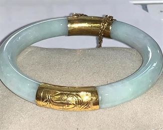 Light Jade and 14K Bangle Bracelet -interior dimension of 2" 
