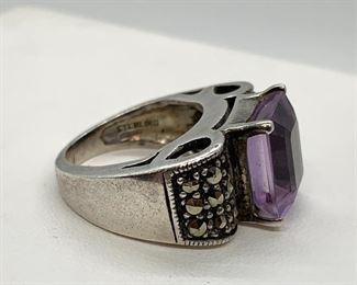 Judith Jack Sterling Ring - sterling ring with a light purple stone and marcasite detailing. Size 5.5. Reverse is hallmark for Judith Jack and marked sterling