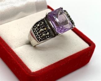 Judith Jack Sterling Ring - sterling ring with a light purple stone and marcasite detailing. Size 5.5. Reverse is hallmark for Judith Jack and marked sterling