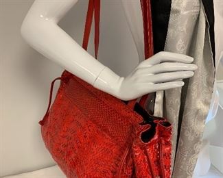 Red Snakeskin Handbag by DiVina - in very good, gently used condition. Appears to be very lightly used. Measures about 11.5" X 16" 