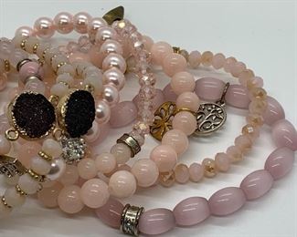 Lot of eight pink beaded stretch bracelets. All very lovely! 