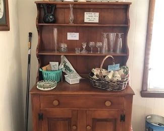 red maple hutch, misc glass, and basket of Franciscian Desert Rose.