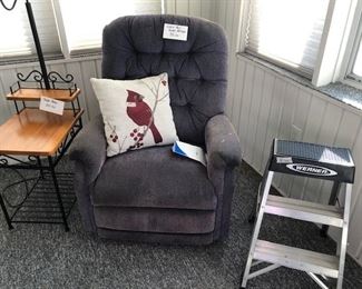 Lazy Boy recliner, lamp table, ladder