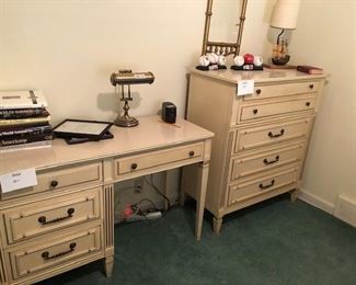 desk, books, lamps, chest