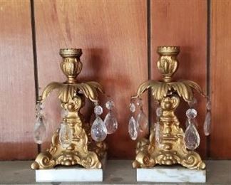 Brass Candleholder Candelabra with Teardrop Crystal Glass and White Marble Square Bases