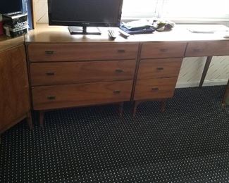 Mid Century Walnut storage and wall unit. Desk, 3 chests of drawers, corner storage unit with shelves