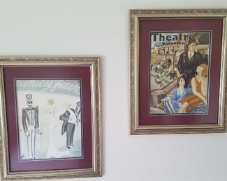 several framed vintage magazine illustrations