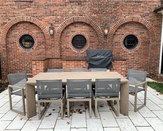 $2200. Restoration Hardware Arles Rectangular Outdoor Dining Table, The contemporary clean lines of this stunning table shine through no matter what the weather brings. The weathered teak finish will wear away with exposure to the outdoors. This allows the table to begin to acquire the beautiful silver-grey patina that is unique to untreated teak. 84”x39”x30”