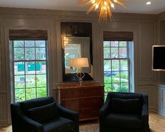 $800. Pair of Restoration Hardware Black Twill Slope Arm Swivel Chairs will bring comfort and style to any home. Slip covered/black. Down fill.  34”x38”31”