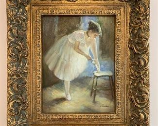 $100 Beautiful Oil Painting of Ballerina- the perfect gift for your budding ballerina! This Painting has been profesionally framed in a beautiful ornate gold frame! 22x3x26