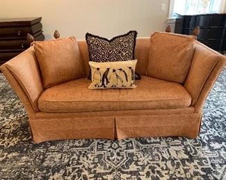 $550 20th Century Baker Furniture Knole Style Setee Loveseat with Carved Pineapple Finials with Skirted Bottom. Staff Favorite!! Such a unique timeless piece! Linen Tweed blend fabric. 68”x33”x35”                      Penguin Pillow: $28