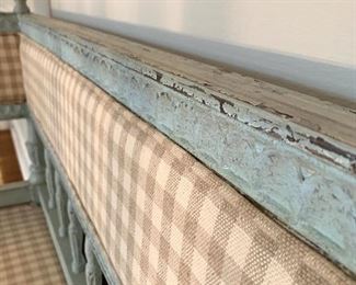 $200 Swedish Gustavian neoclassical style washed sofa bench with  beautiful carving all around that includes laurel drops, carved lower and top rails the upholstery is in fair condition. 62"x26"x38"