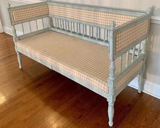 $200 Swedish Gustavian neoclassical style washed sofa bench with  beautiful carving all around that includes laurel drops, carved lower and top rails the upholstery is in fair condition. 62"x26"x38"
