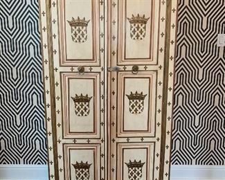 $300. Antique, Painted Armored Fleur de Lis Antique Solid Wood Armoire, the interior has 3 shelves allowing for plenty of storage. Condition is GOOD. This is authentic and old. Paint has that perfect patina.  35”x23”x73”