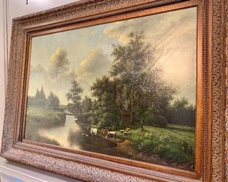 $350-Large format, original oil on canvas, cow, landscape scene. 46X34.