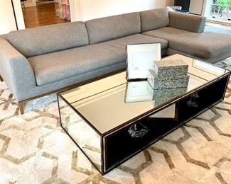 $3200 Restoration Hardware Italia Tapered Arm Classic Custom Couch, This Down Filled Charcoal Sectional with Matte Brass Tapered Leg by Restoration Hardware was custom designed and handcrafted in the US. The contemporary style features a streamlined frame that sits above the modern elegance of its slim base. Measures: 96"x27"x66" Chaise 41"x27"66"