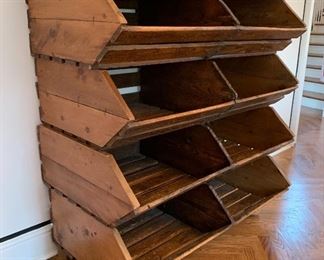 $750. Authentic antique, wooden bulk display/storage shelves. Features 4 stackable units. BEAUTIFUL piece! Excellent antique condition. 46L x 26D x 51H. 