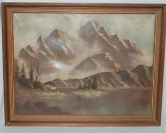 Mountain Range Cabin Painting
