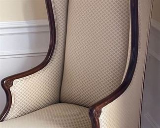 LOT 6733 Cream color and wood wing back chair $225 
