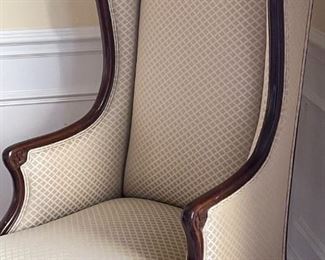 LOT 6733 Cream color and wood wing back chair $225 

