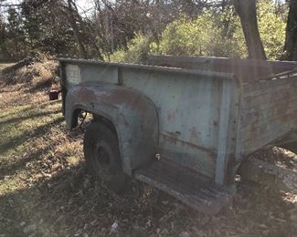 #40) $300 - Rustic pick-up-bed trailer, late 1950s or early 1960s, with trailer hitch and tongue