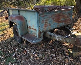 #40) $200 - Rustic pick-up-bed trailer, late 1950s or early 1960s, with trailer hitch and tongue