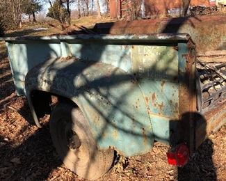 #40) $200 - Rustic pick-up-bed trailer, late 1950s or early 1960s, with trailer hitch and tongue