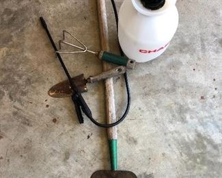 #62) $15 - Sprayer, hoe, garden tools.  