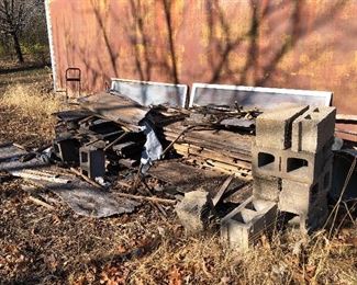 #64) $20 - Everything in the photo,  Cinder blocks, Wood Pallets, scrap wood. 