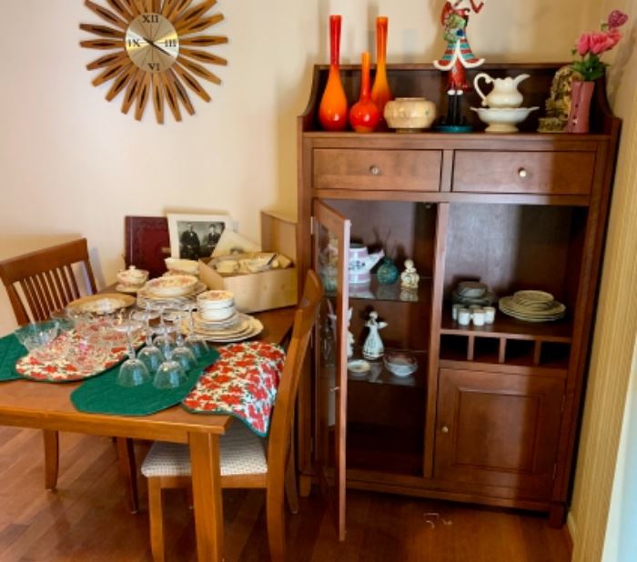 Kitchen table and 4 chairs and kitchen hutch by Canadel furniture, antique bone china and crystal
