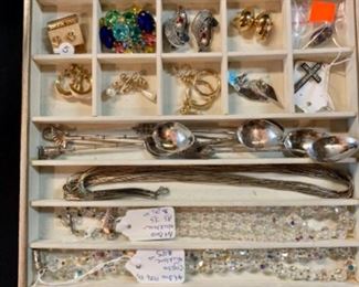 Pairs of cute vintage clip on earrings, sterling silver spoons and clear Art Deco crystal necklaces