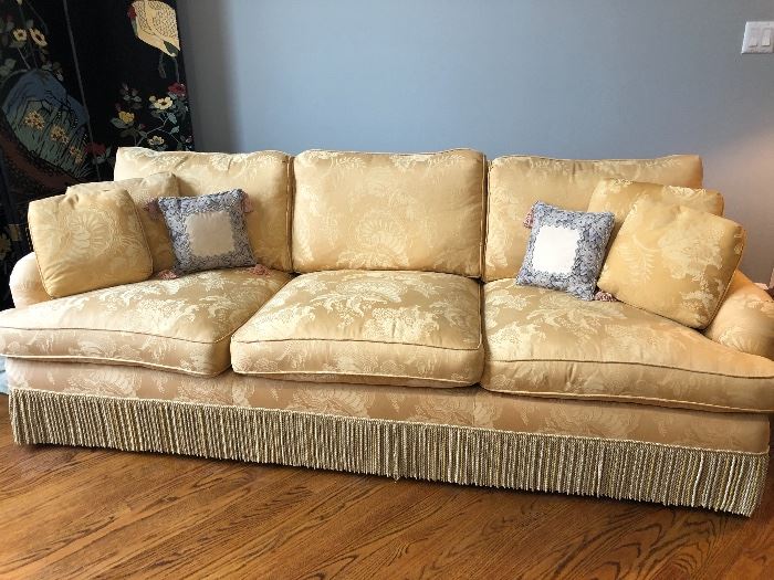 Baker Sofa Custom Silk Fabric with Accent Fringe
Baker Lawson Style Sofa from Crown & Tulip Collection  90 W in. x 38 D in. x 35 H in.
