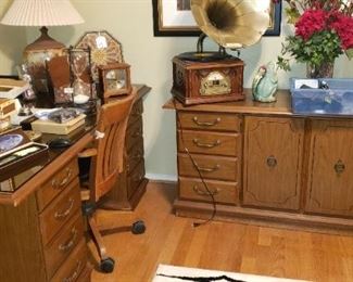 Solid wood desk & Credenza, vintage wood desk chair (very sturdy-they don't make 'em like this anymore!)