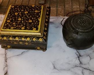 cast iron kettle, occasional table & artsy storage box