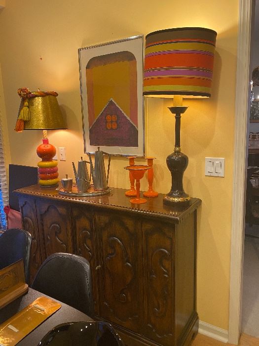 Carved wood buffet 300
Mid Century Orange & yellow lamp 200 sold
Metal lamp with custom shade 155
Vincent Rojo lithograph “abstract” c1969  700
Pewter tea set sold
Or best offer Call 248 672 6663