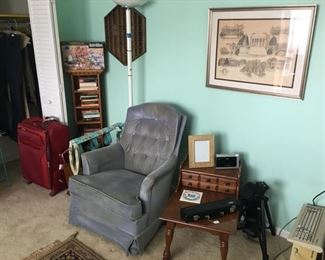 University of Virginia print, upholstered chair, side table, books & games